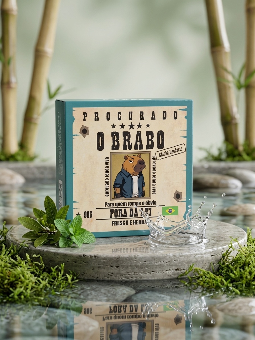 Sabonete em barra masculino O Brabo linha Fora da Lei da Cuenca Natural com textura artesanal e embalagem temática.