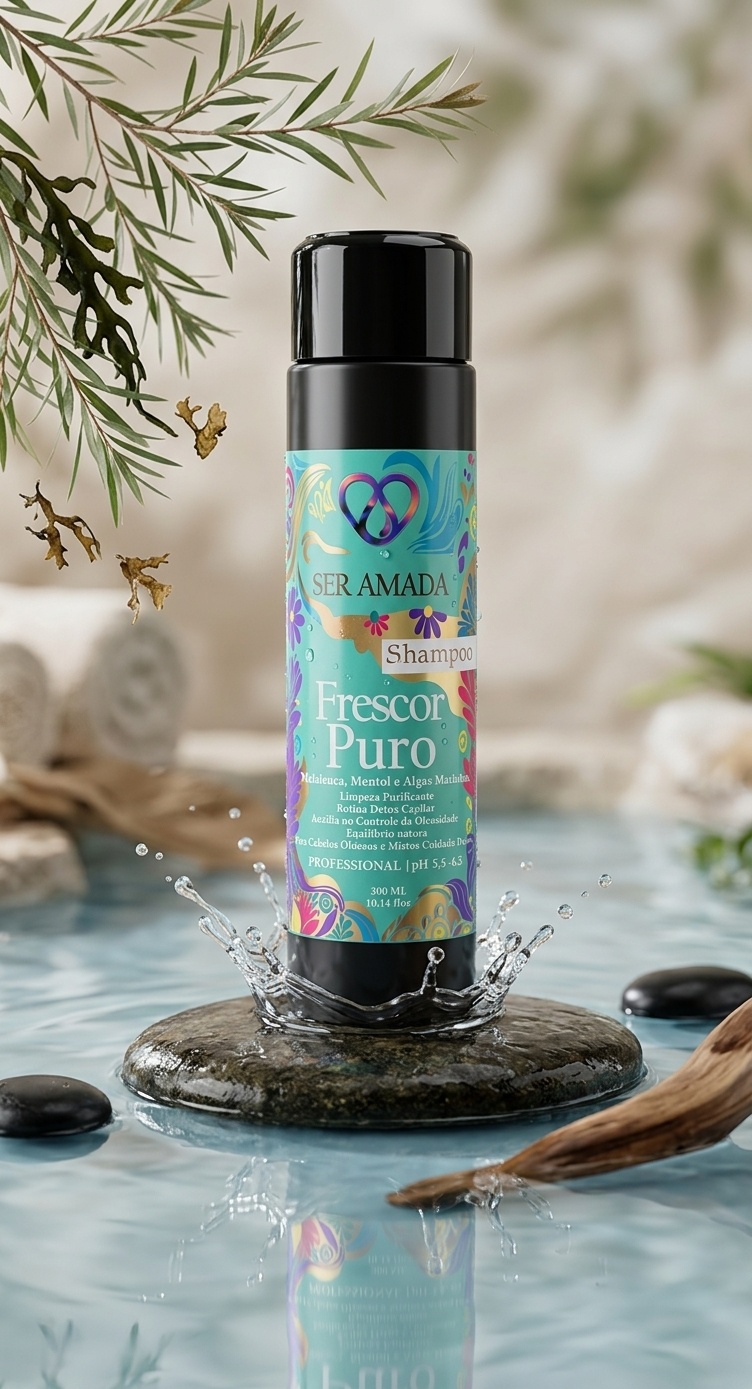 Frasco de Shampoo Frescor Puro Ser Amada para cabelos oleosos em fundo neutro, destacando os benefícios de frescor e controle de oleosidade.