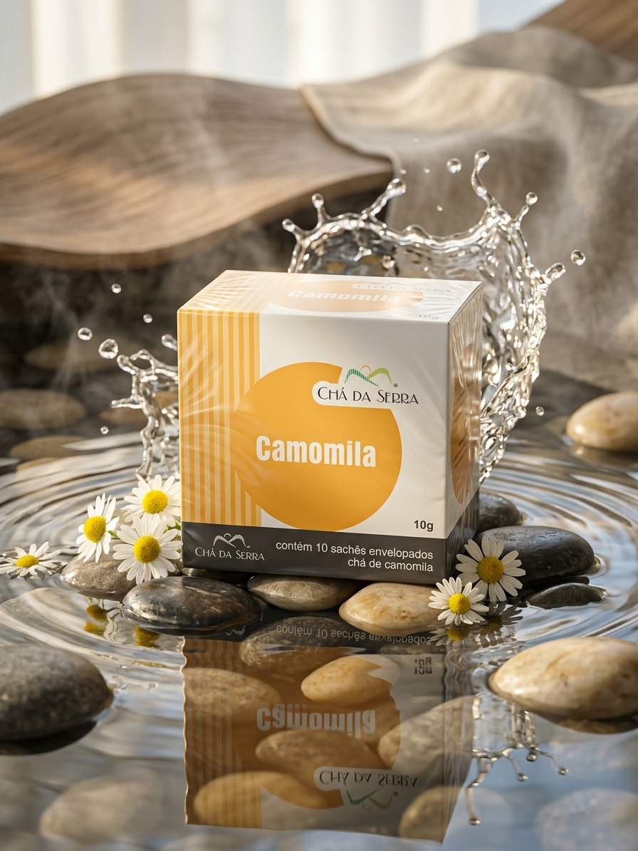 Embalagem do produto Camomila Cha da Serra da marca Cuenca Natural com destaque para flores de camomila secas.