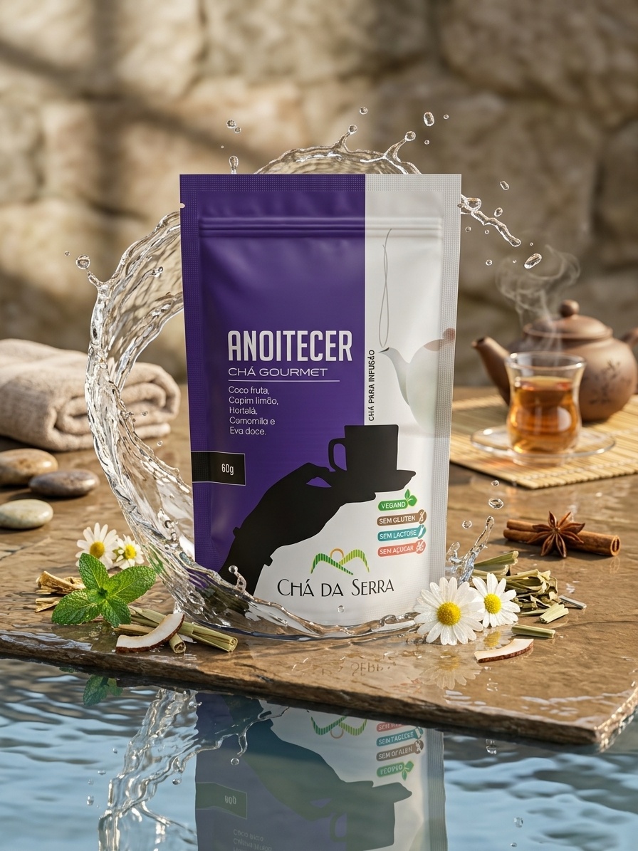 Embalagem do chá Anoitecer Cha da Serra Cuenca Natural sobre uma mesa de madeira com elementos que remetem ao relaxamento e sono tranquilo.