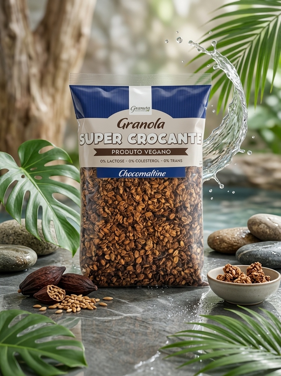 Embalagem de 800g da Granola Ovomaltine Meliflua Cuenca Natural, destacando a crocância e a qualidade dos cereais para uma alimentação saudável.