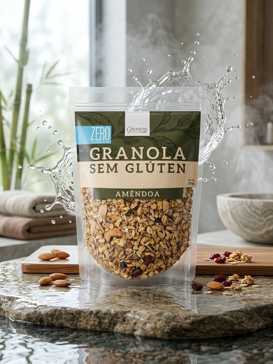 Embalagem de 250g da granola SG Granuta Cuenca Natural sabor Amêndoa Melíflua, destacando os selos de sem glúten e sem adição de açúcar.