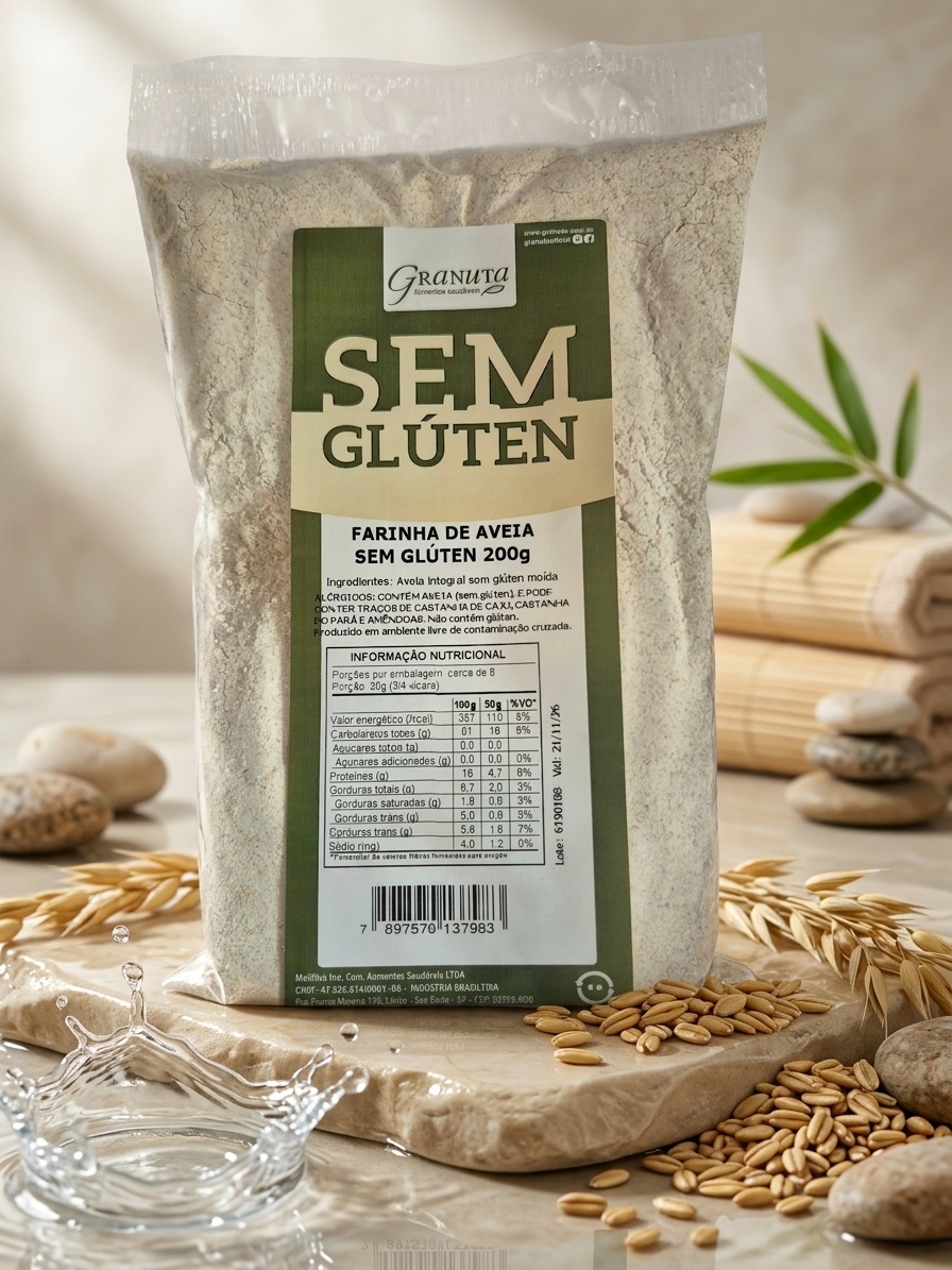 Embalagem de 200g da Farinha de Aveia Meliflua Cuenca Natural, destacando sua textura fina e qualidade para uma alimentação nutritiva.