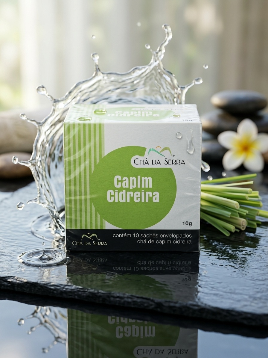 Embalagem de Chá de Capim Cidreira Cuenca Natural Chá da Serra ao lado de uma xícara de chá quente e folhas secas da erva, destacando a pureza do produto natural.