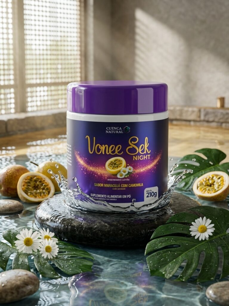 Embalagem do suplemento alimentar Vonee Sek Night da Cuenca Natural, sabor Maracujá e Camomila, focado em relaxamento noturno.