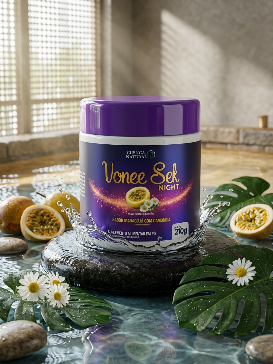 Embalagem do suplemento alimentar Vonee Sek Night da Cuenca Natural, sabor Maracujá e Camomila, focado em relaxamento noturno.