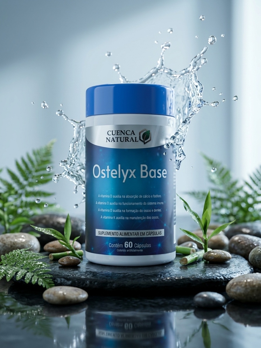 Pote do suplemento Ostelyx Base Cuenca Natural posicionado centralizado, destacando os benefícios para a saúde óssea e mineralização.