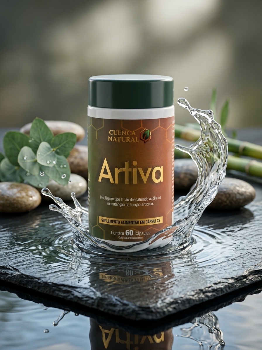 Frasco do suplemento alimentar Artiva da marca Cuenca Natural, focado em saúde articular e flexibilidade.