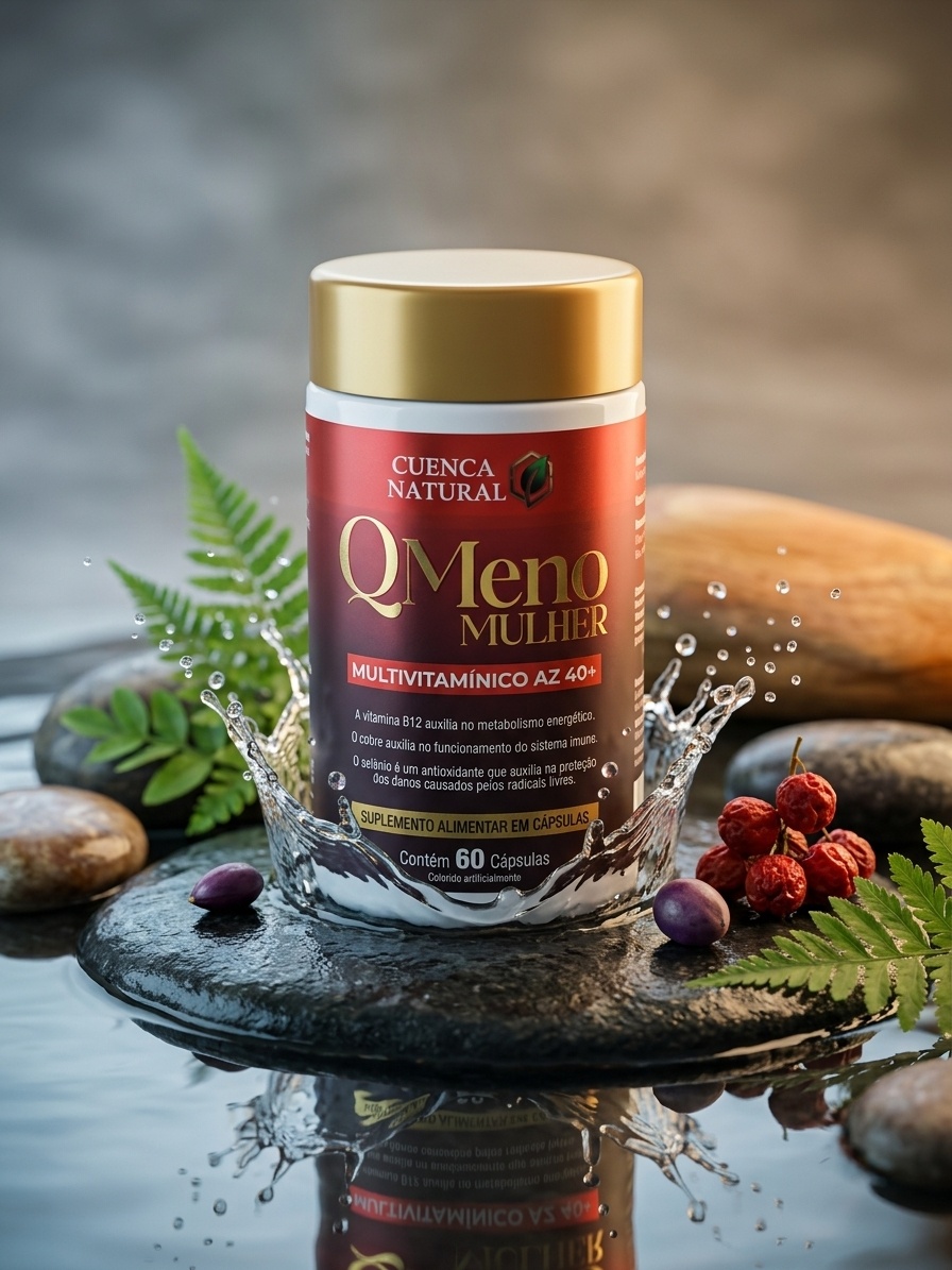 Suplemento vitamínico Q Meno Cuenca Natural para mulheres acima de 40 anos, focado em saúde e vitalidade.