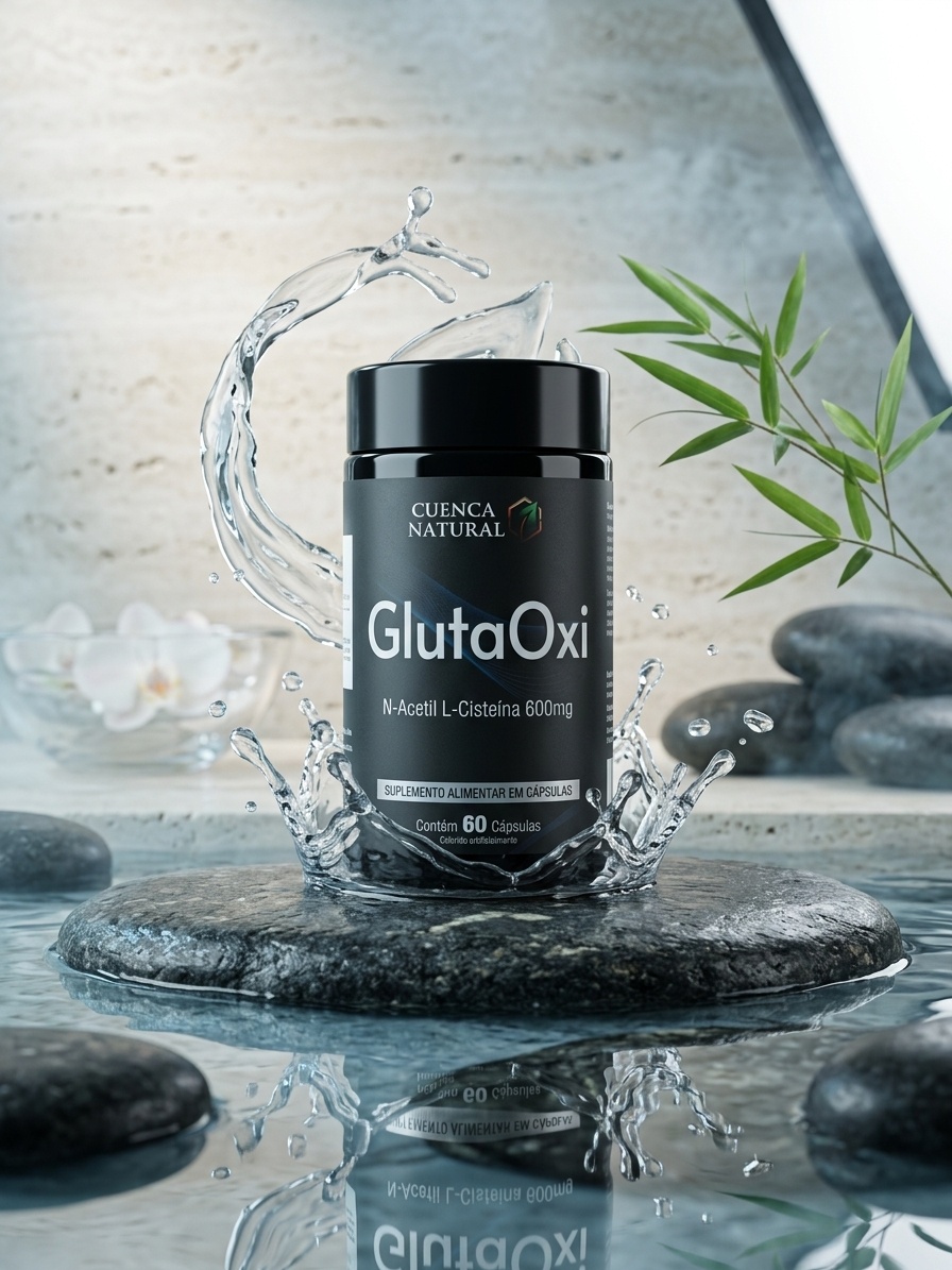 Suplemento GlutaOxi Cuenca Natural em cápsulas, com destaque para a embalagem branca e azul, focado em desintoxicação e proteção antioxidante.
