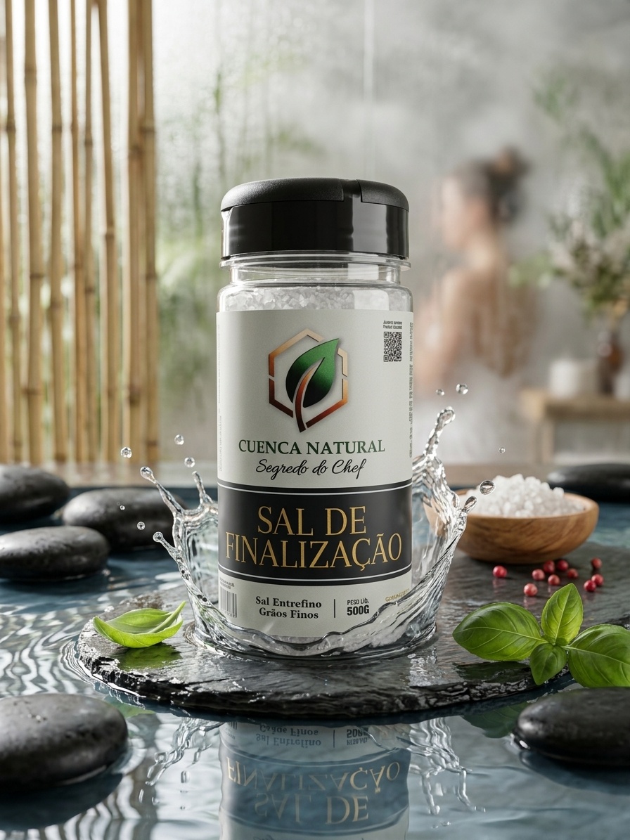 Embalagem do Sal de Finalização Premium Segredo do Chef Cuenca Natural, destacando a textura dos cristais de sal gourmet em um fundo elegante.