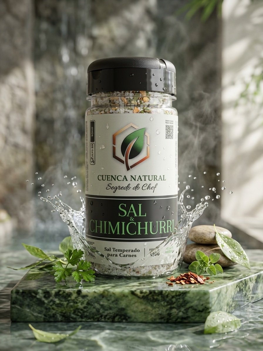 Embalagem do Sal e Chimichurri Cuenca Natural Receita Argentina Segredo do Chef, tempero gourmet para carnes e churrasco.