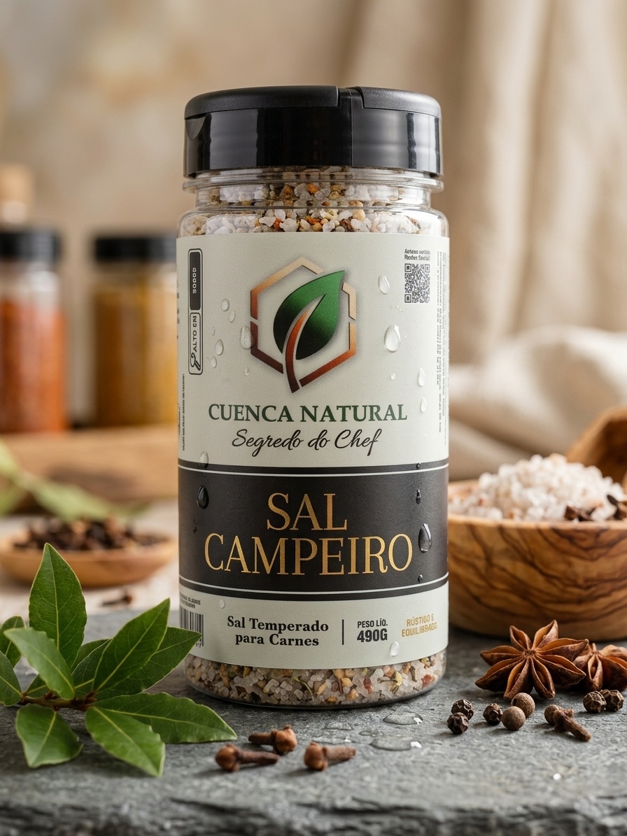 Embalagem do Sal Campeiro Rústico e Equilibrado Segredo do Chef da Cuenca Natural evidenciando os cristais de sal e o rótulo da marca.