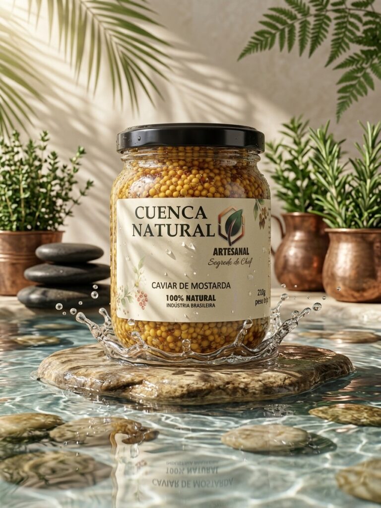 Pote de Caviar de Mostarda em Grãos Segredo do Chef mostrando os grãos hidratados e brilhantes, ideal para finalização de pratos gourmet.