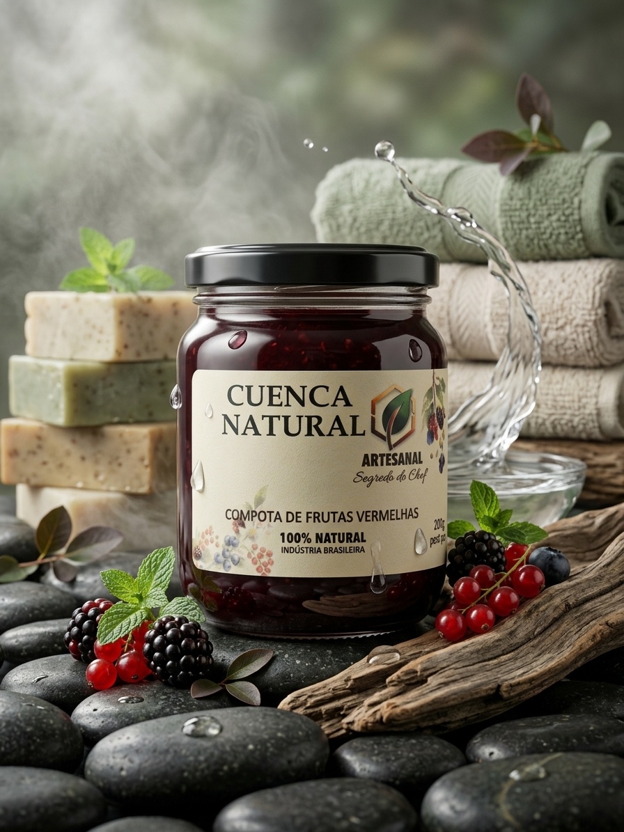 Pote de vidro transparente contendo compota de frutas vermelhas artesanal com pedaços de frutas, marca Segredo do Chef em destaque.