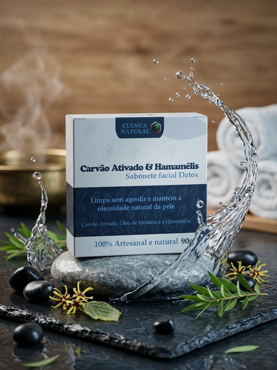 Sabonete facial em barra artesanal de carvão ativado e hamamélis da marca Cuenca Natural, destacando sua cor escura e textura natural.