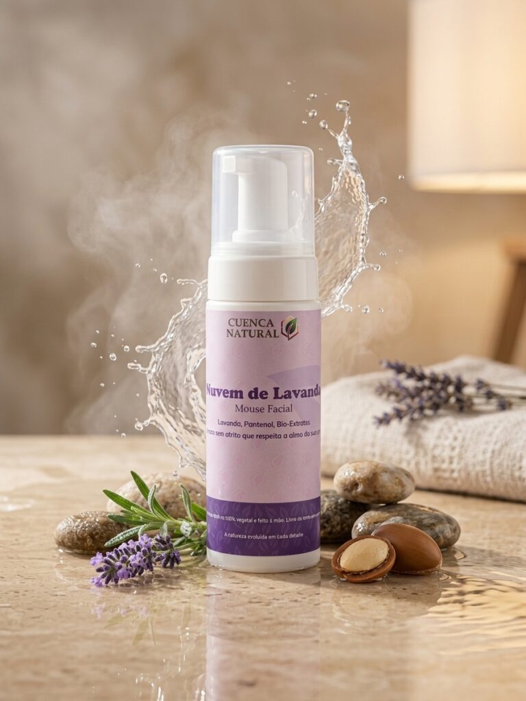 Embalagem do Sabonete Mousse Facial Nuvem de Lavanda Cuenca Natural exibindo sua textura de espuma densa e branca com detalhes em lavanda.