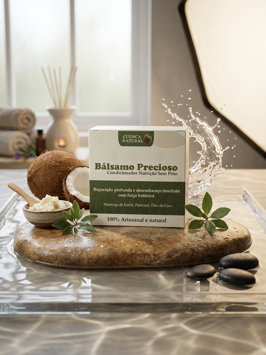 Frasco de Condicionador Bálsamo Precioso Cuenca Natural para nutrição capilar sem peso em fundo branco.