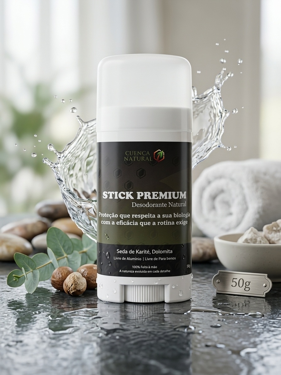 Desodorante natural em formato stick da Cuenca Natural, embalagem elegante e ecológica, ideal para proteção diária saudável.