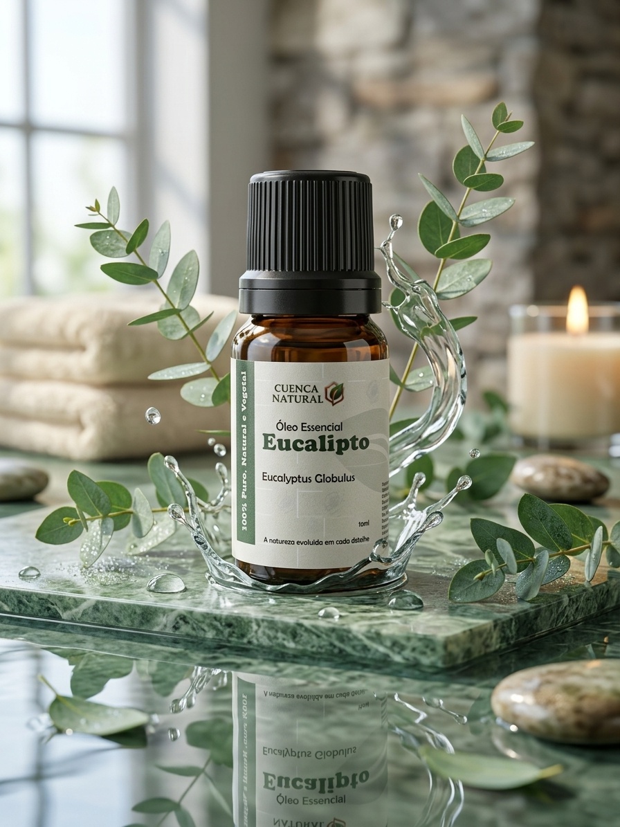 Frasco de vidro âmbar do Óleo Essencial de Eucalipto Cuenca Natural de 10ml, com rótulo verde e branco, destacando a pureza do produto para aromaterapia.
