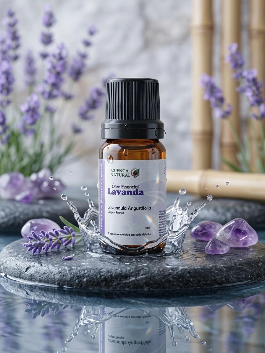 Frasco de vidro âmbar de Óleo Essencial de Lavanda da marca Cuenca Natural posicionado sobre uma superfície de madeira com flores secas de lavanda ao fundo.