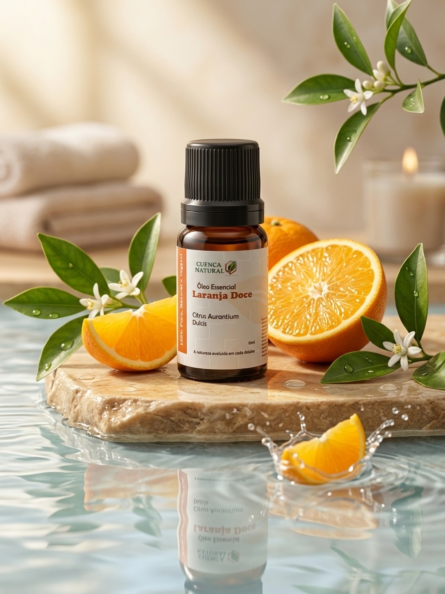 Frasco de Óleo Essencial de Laranja Doce da marca Cuenca Natural em vidro âmbar com rótulo minimalista sobre fundo branco.