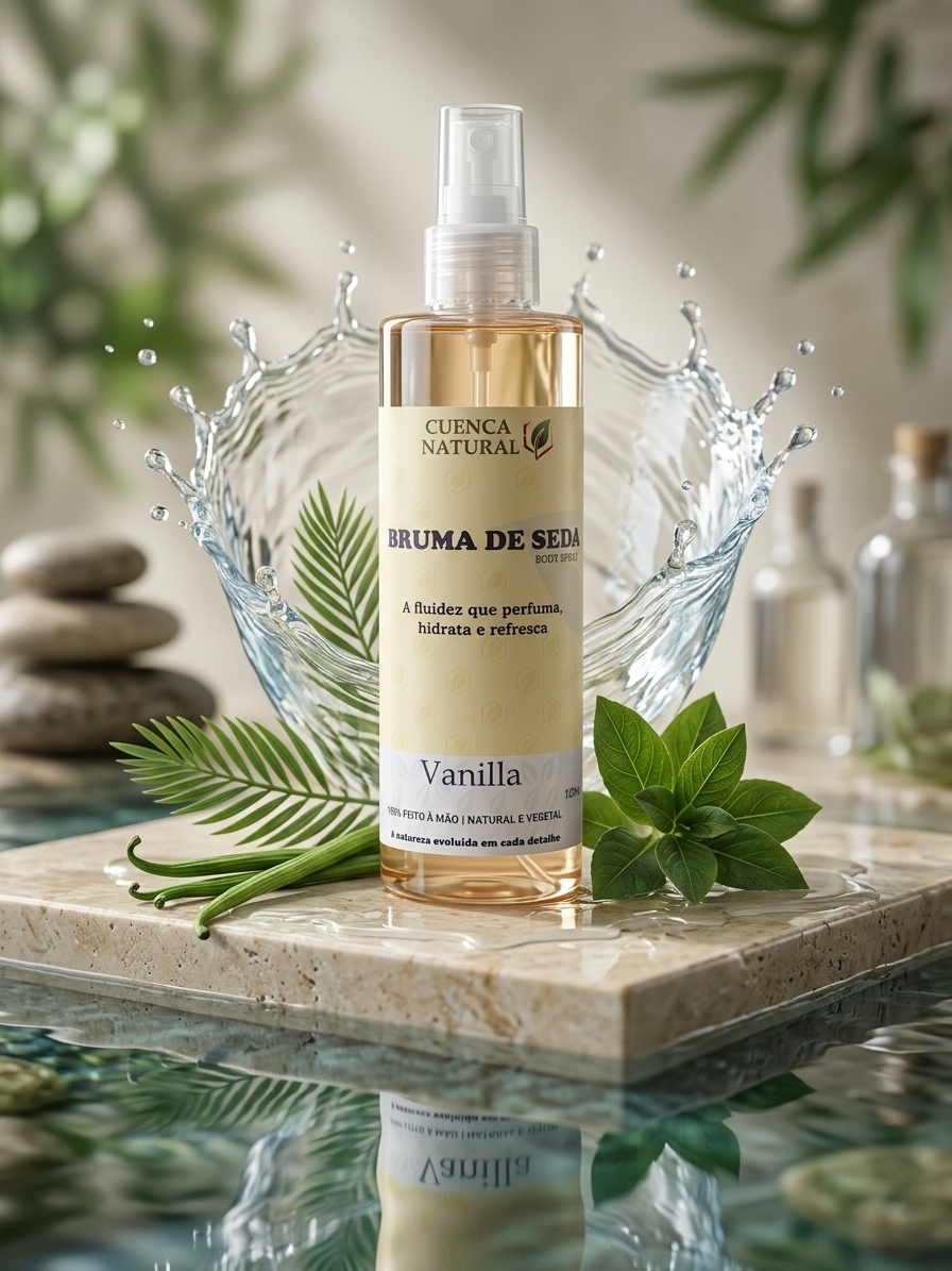 Frasco transparente do Body Spray Bruma de Seda Vanilla Cuenca Natural exibindo o líquido dourado suave e o rótulo minimalista da marca.