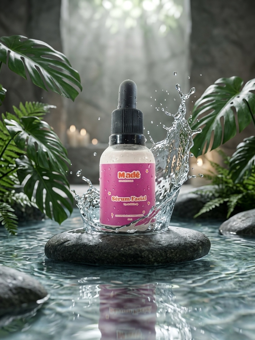Frasco conta-gotas de Sérum Facial Madê Cosméticos em destaque, focado em cuidados naturais com a pele e estética clean beauty.