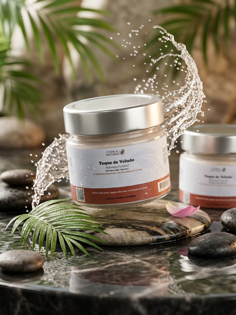 Embalagem da Máscara Hidratante Corporal Toque de Veludo Cuenca Natural destacando a textura cremosa e suave do produto para hidratação intensiva.